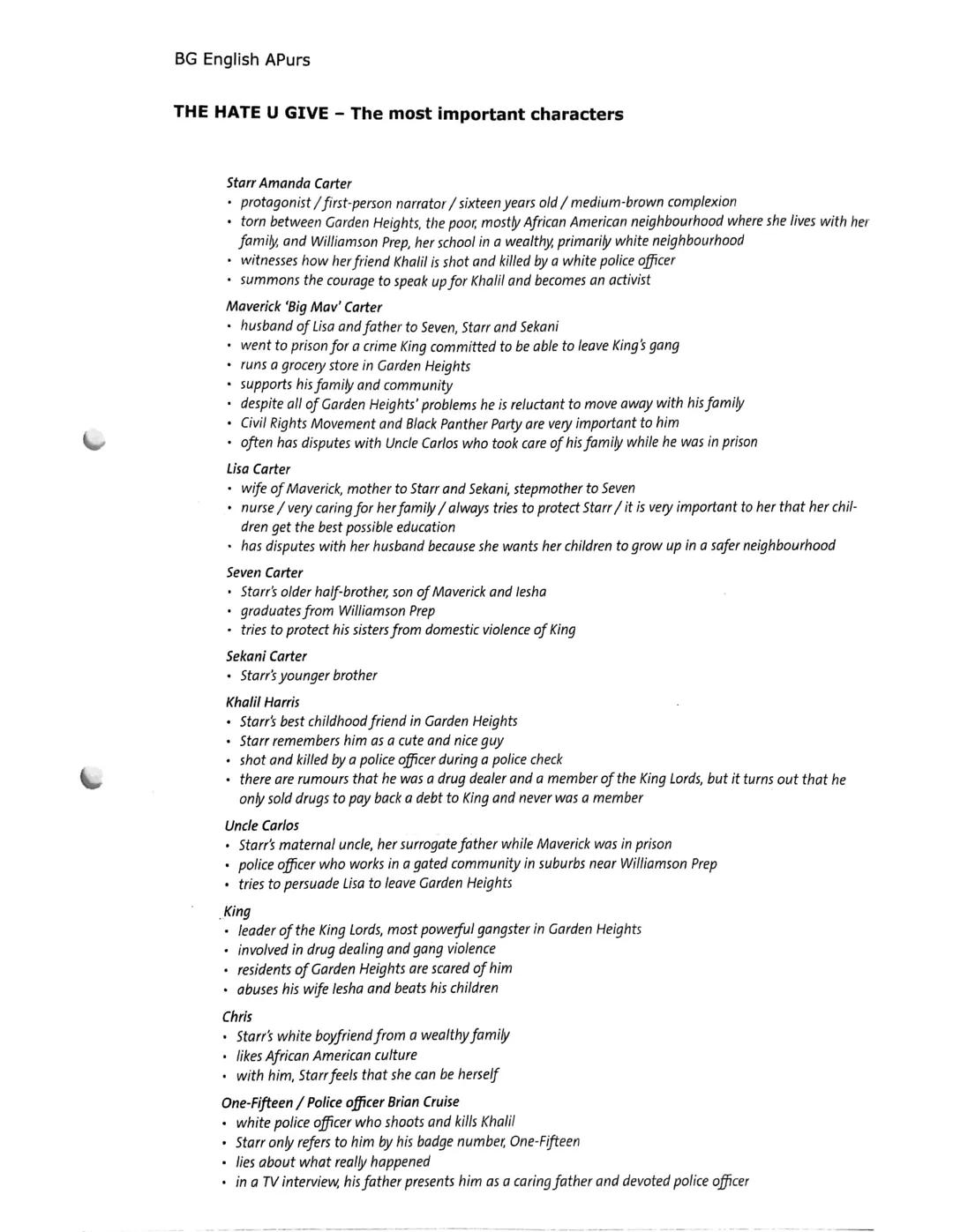 BG English APurs
THE HATE U GIVE - The most important characters
Starr Amanda Carter
• protagonist/first-person narrator/sixteen years old/m