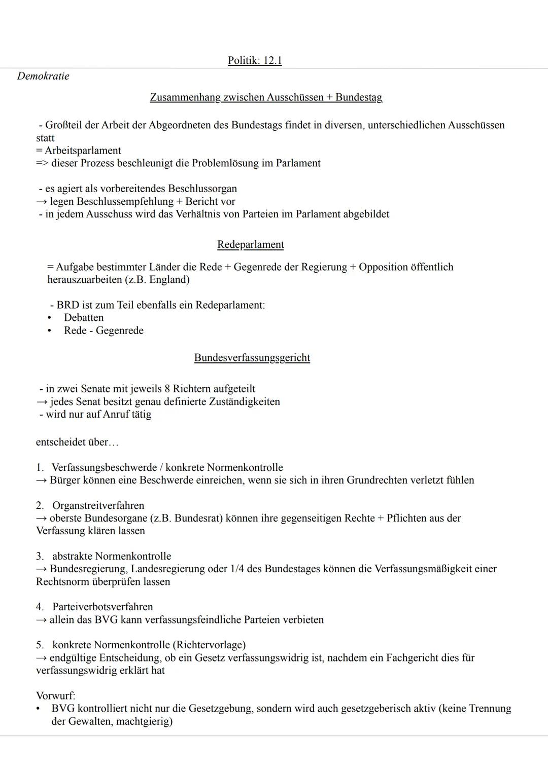 Politik: 12.1
Demokratie
Demokratie:
•
•
•
Form der politischen Gesellschaftsordnung, die von Gleichheit + Freiheit aller Bürger geprägt ist