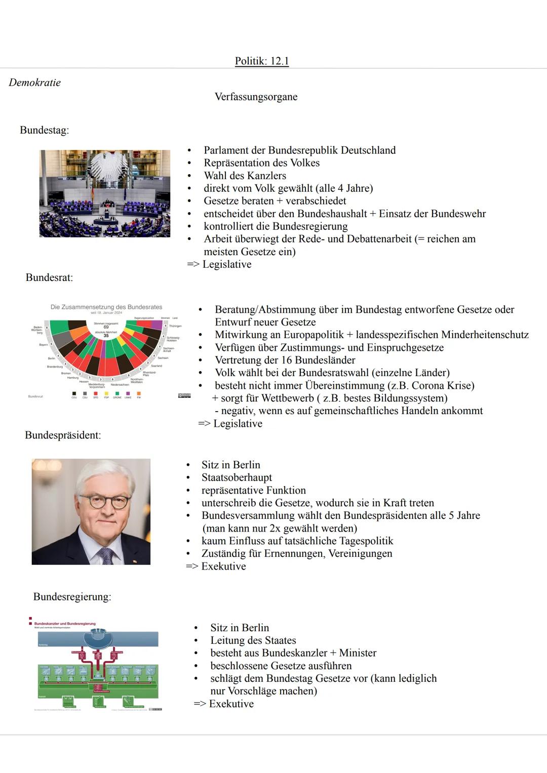 Politik: 12.1
Demokratie
Demokratie:
•
•
•
Form der politischen Gesellschaftsordnung, die von Gleichheit + Freiheit aller Bürger geprägt ist