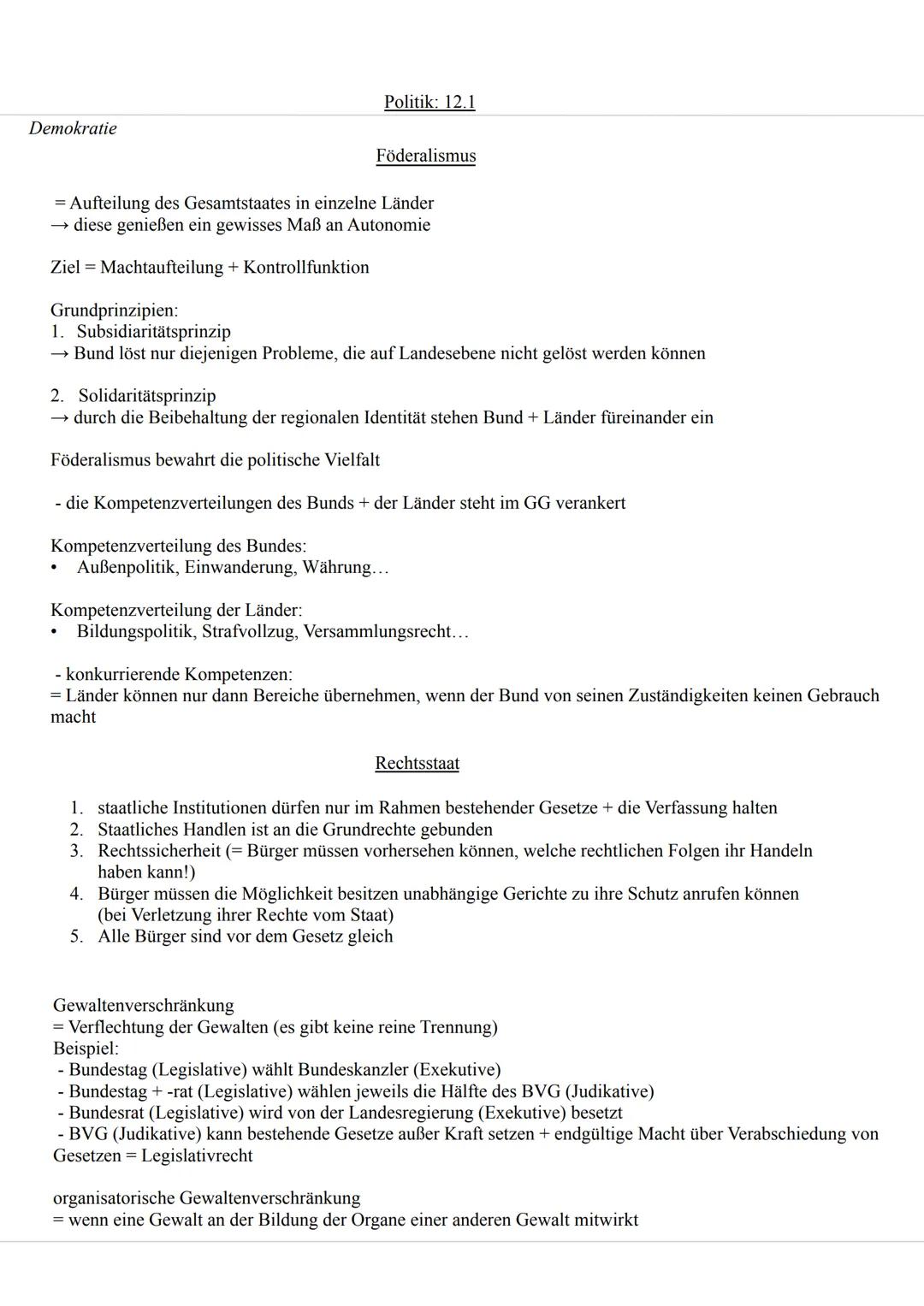 Politik: 12.1
Demokratie
Demokratie:
•
•
•
Form der politischen Gesellschaftsordnung, die von Gleichheit + Freiheit aller Bürger geprägt ist