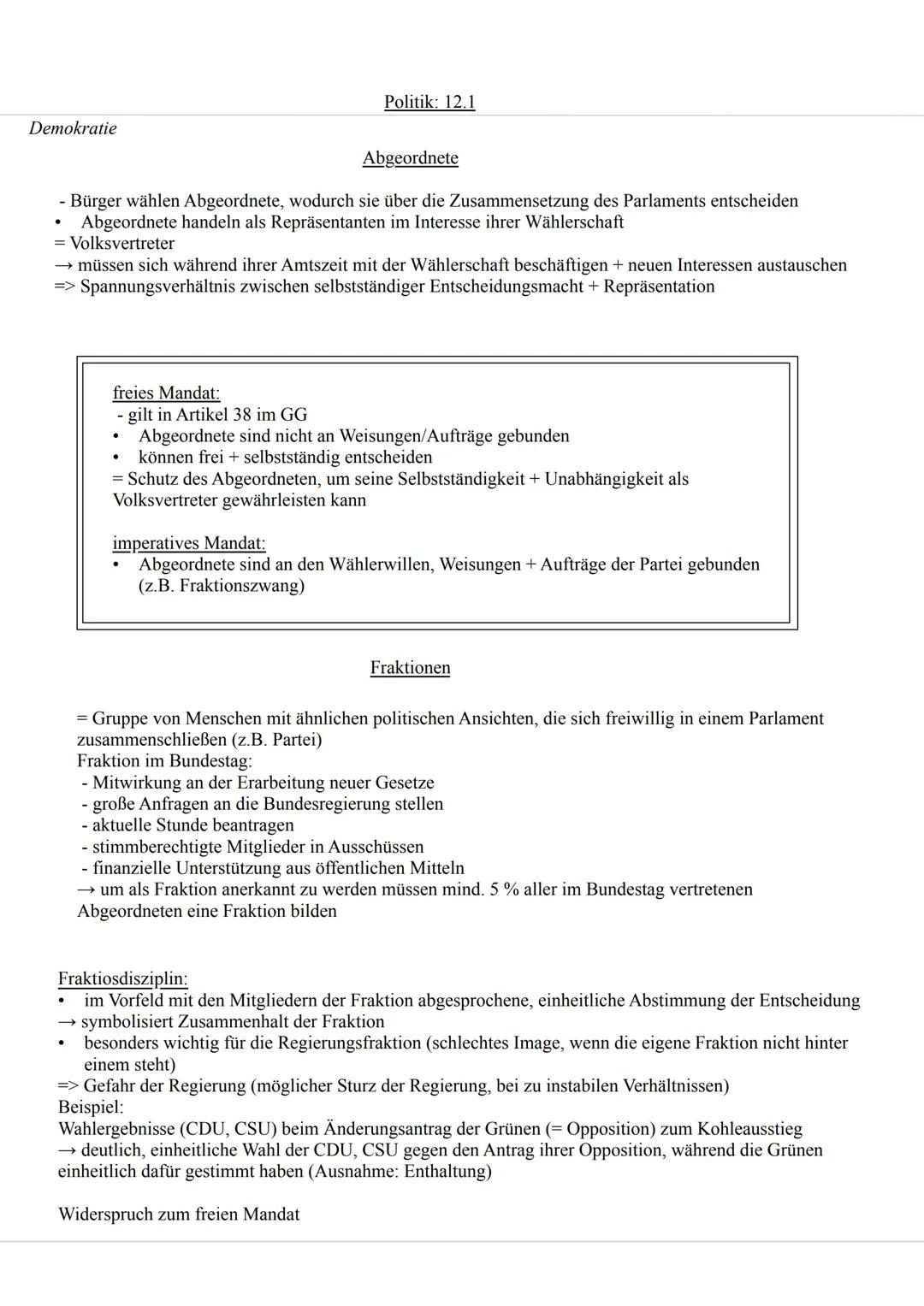 Politik: 12.1
Demokratie
Demokratie:
•
•
•
Form der politischen Gesellschaftsordnung, die von Gleichheit + Freiheit aller Bürger geprägt ist