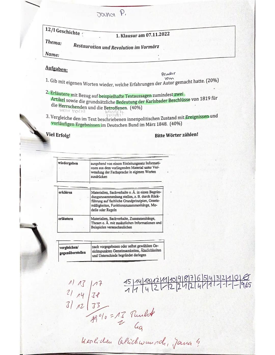 12/1 Geschichte
Thema:
Name:
Aufgaben:
Jana P.
1. Klausur am 07.11.2022
Restauration und Revolution im Vormärz
Bruder
vom
1. Gib mit eigenen