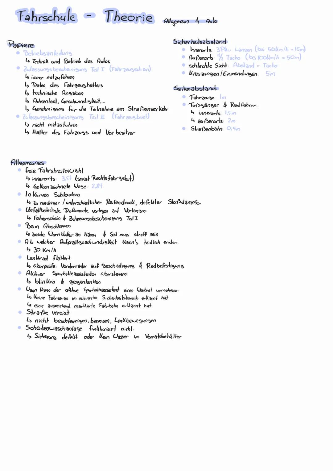 Fahrschule
Papiere
•Betriebsanleitung
Theorie Allgemein & Auto
Technik und Betrieb des Autos
• Zulassungs bescheinigung Teil I (Fahrzeugsche