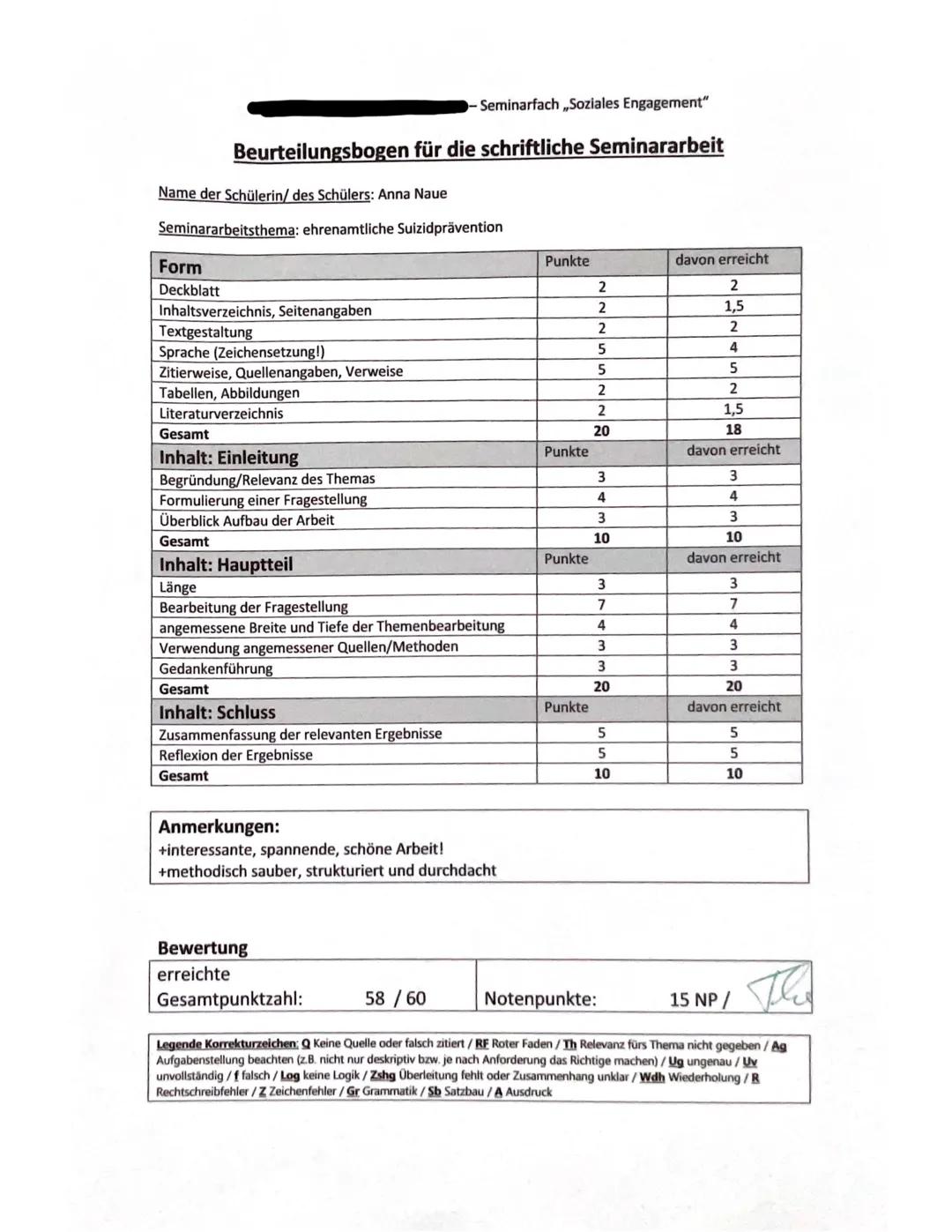 -Seminarfach,,Soziales Engagement"
Beurteilungsbogen für die schriftliche Seminararbeit
Name der Schülerin/ des Schülers: Anna Naue
Seminara