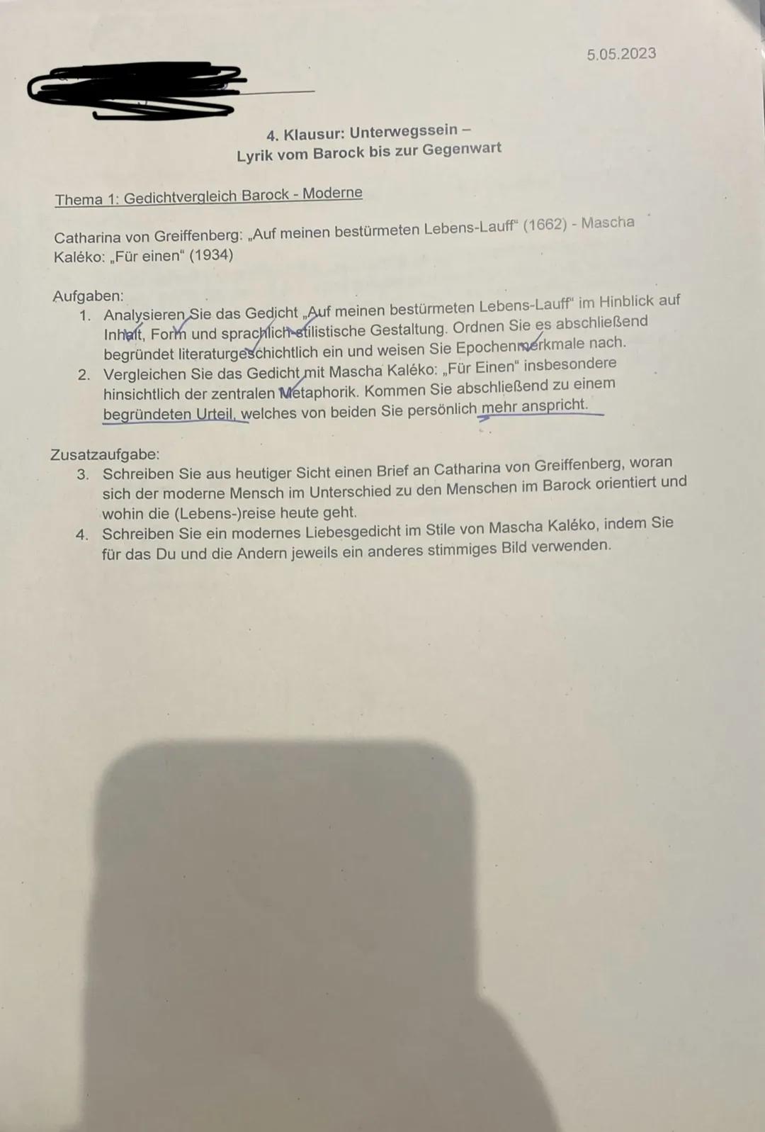 5.05.2023
4. Klausur: Unterwegssein -
Lyrik vom Barock bis zur Gegenwart
Thema 1: Gedichtvergleich Barock - Moderne
Catharina von Greiffenbe