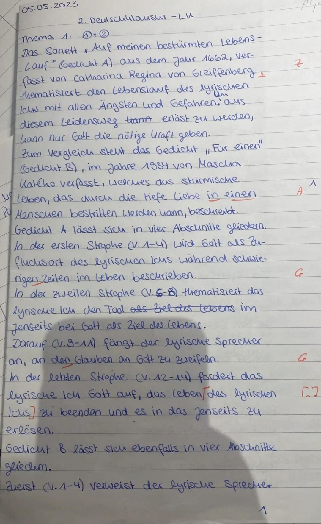 5.05.2023
4. Klausur: Unterwegssein -
Lyrik vom Barock bis zur Gegenwart
Thema 1: Gedichtvergleich Barock - Moderne
Catharina von Greiffenbe