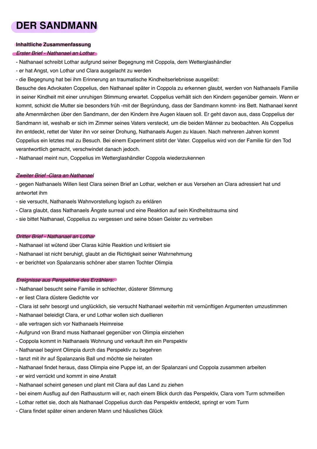 # DEUTSCH DER SANDMANN # DER SANDMANN
Inhaltliche Zusammenfassung
Erster Brief - Nathanael an Lothar
- Nathanael schreibt Lothar aufgrund s