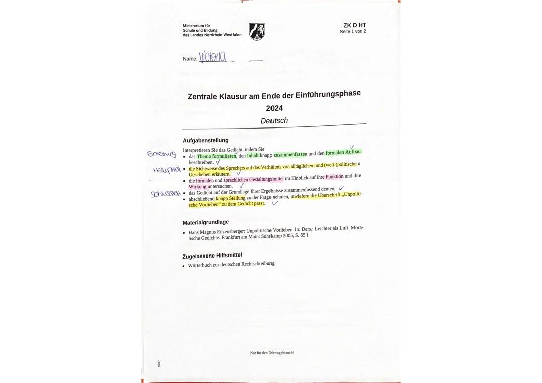 Zentrale Klausur am Ende der EF 2024 (NRW)