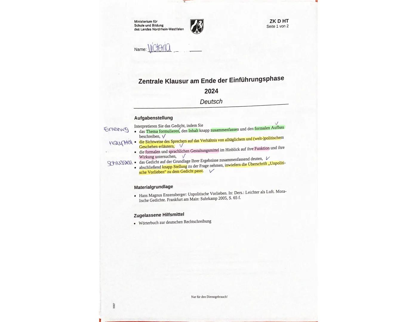 Ministerium für
Schule und Bildung
des Landes Nordrhein-Westfalen
ZK D HT
Seite 1 von 2
Name:
2: Victoria.
Zentrale Klausur am Ende der Einf