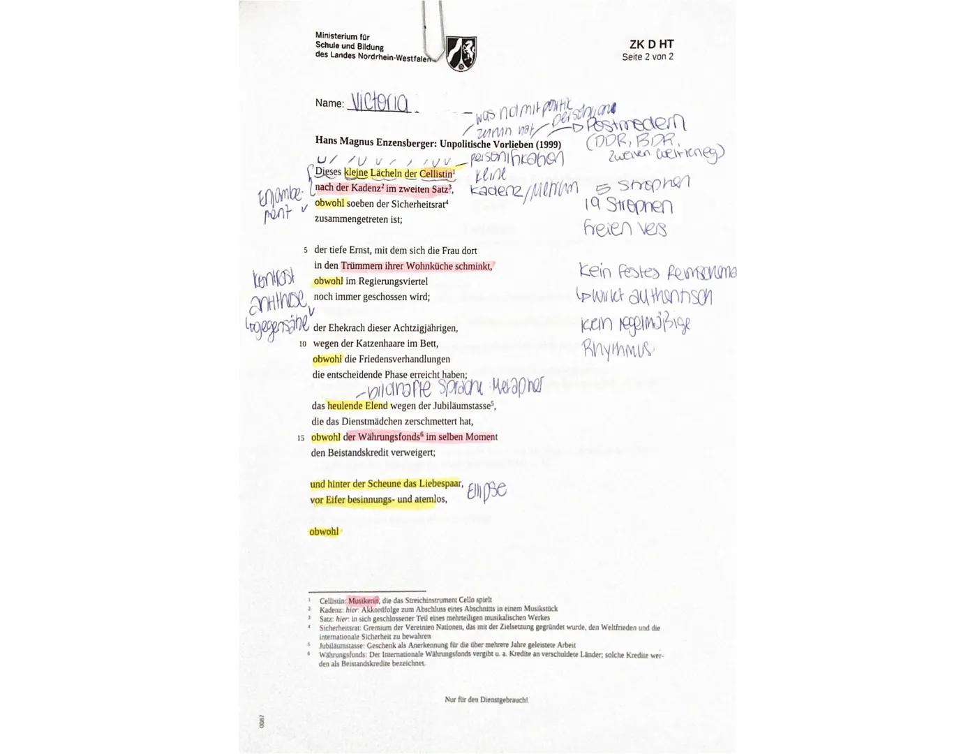 Ministerium für
Schule und Bildung
des Landes Nordrhein-Westfalen
ZK D HT
Seite 1 von 2
Name:
2: Victoria.
Zentrale Klausur am Ende der Einf