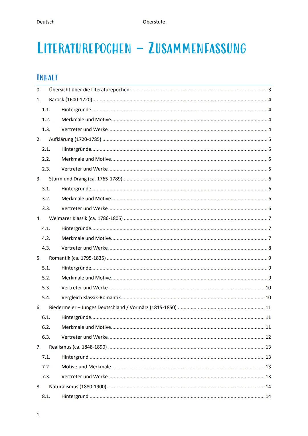 Deutsch
Oberstufe
LITERATURE POCHEN - ZUSAMMENFASSUNG
INHALT
0. Übersicht über die Literaturepochen:.....................................