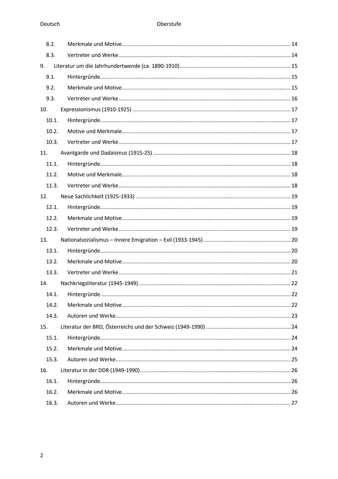 Deutsch
Oberstufe
LITERATURE POCHEN - ZUSAMMENFASSUNG
INHALT
0. Übersicht über die Literaturepochen:.....................................