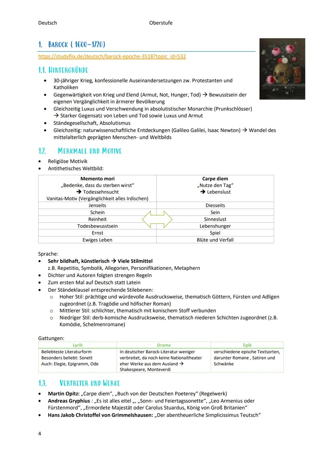 Deutsch
Oberstufe
LITERATURE POCHEN - ZUSAMMENFASSUNG
INHALT
0. Übersicht über die Literaturepochen:.....................................
