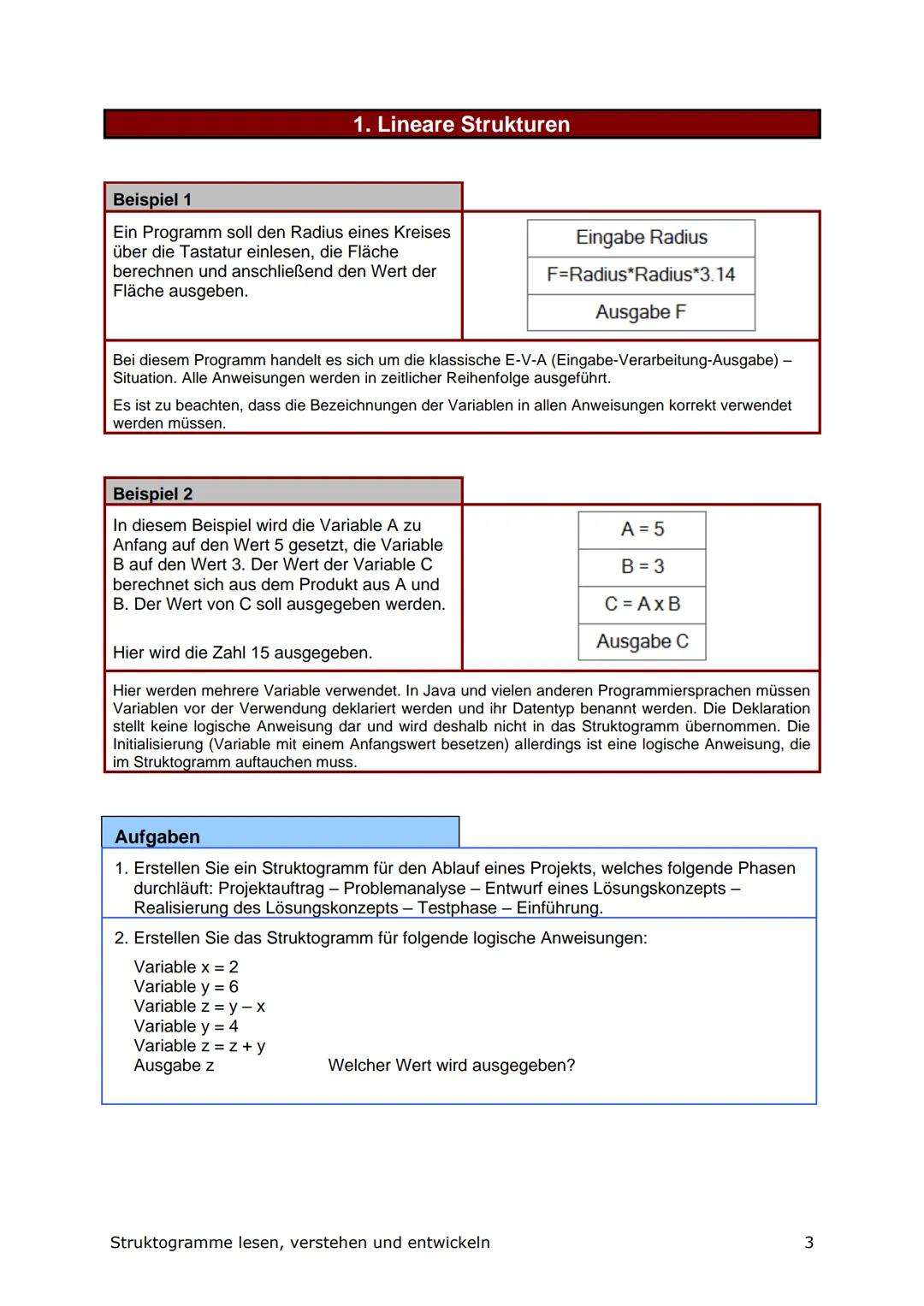 Struktogramme lesen, verstehen und entwickeln
Vorbemerkungen
Aufgabe eines Struktogrammes ist es, den Ablauf eines Computerprogramms auf
dem