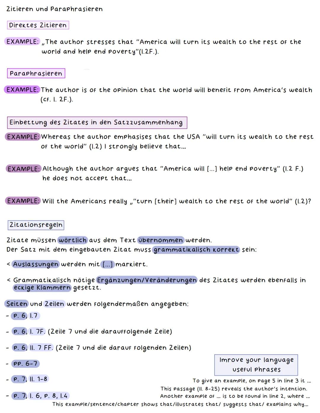 Zitieren und Paraphrasieren
Direktes Zitieren
"
EXAMPLE: The author stresses that "America will turn its wealth to the rest of the
world and