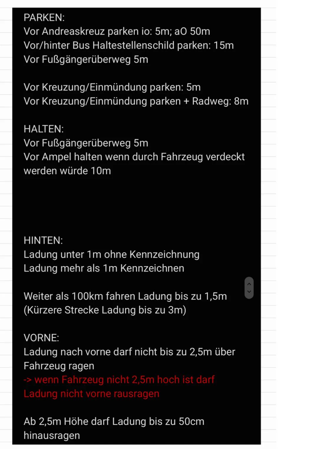 PARKEN:
Vor Andreaskreuz parken io: 5m; a0 50m
Vor/hinter Bus Haltestellenschild parken: 15m
Vor Fußgängerüberweg 5m
Vor Kreuzung/Einmündung