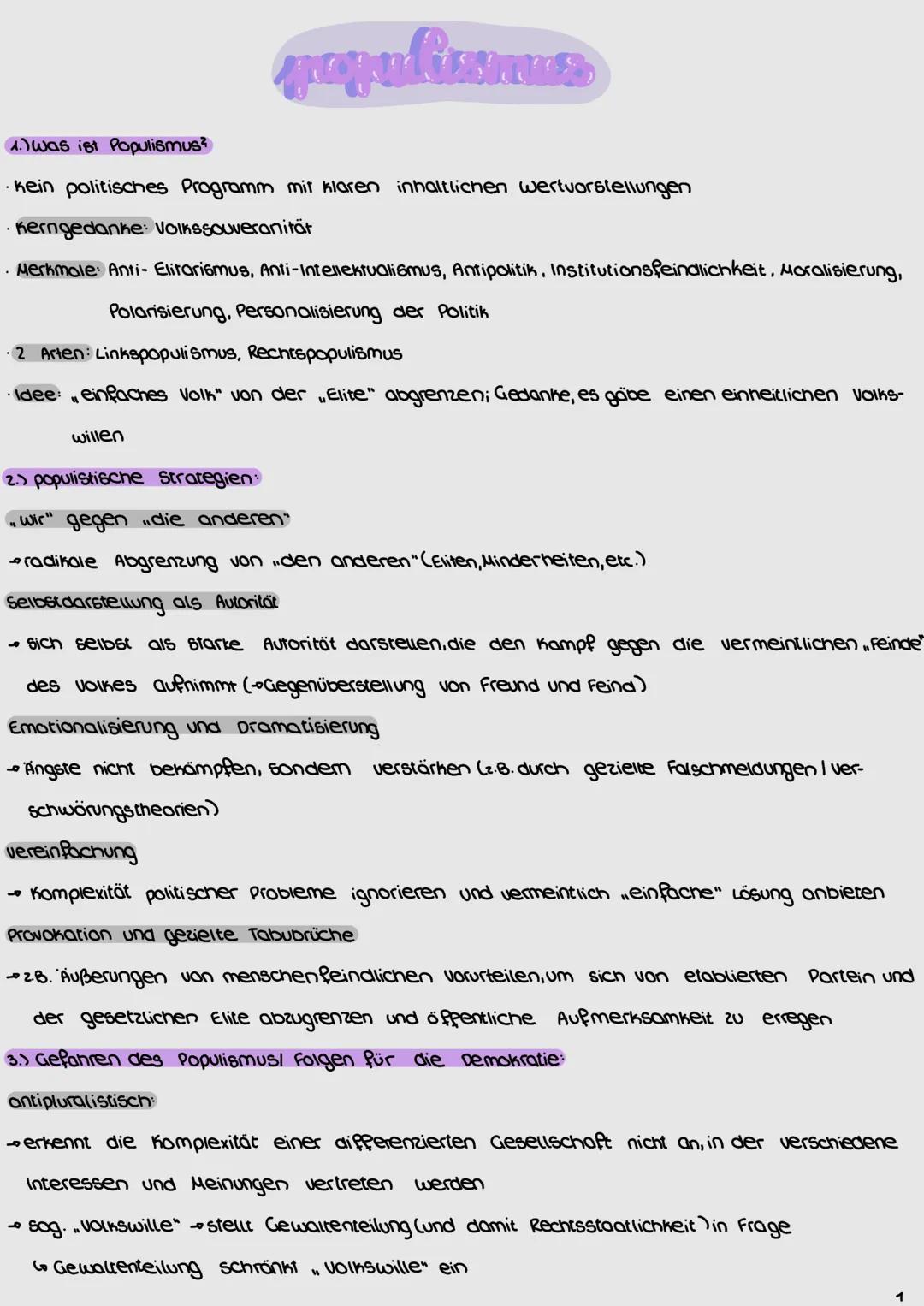 populismus
1.) was ist Populismus?
kein politisches Programm mit klaren inhaltlichen wertvorstellungen
Kerngedanke: VolksSouveranitär
·Merkm