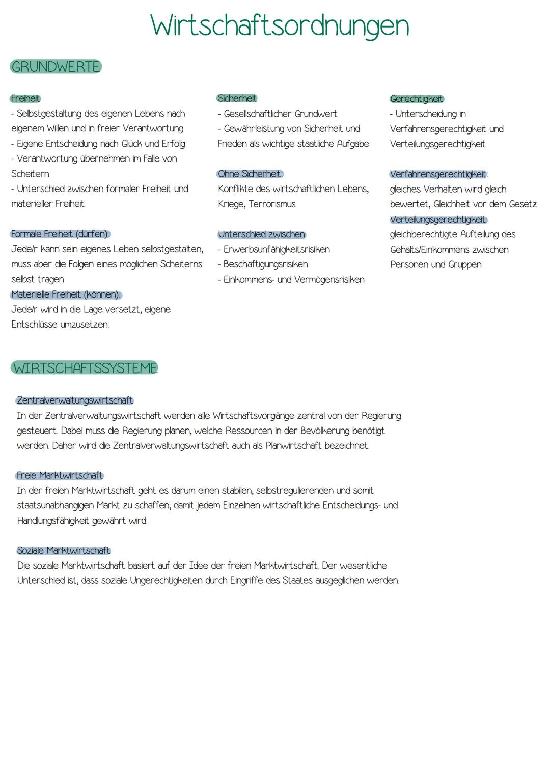 # Wirtschaftsordnungen
GRUNDWERTE
Freiheit
- Selbstgestaltung des eigenen Lebens nach
eigenem Willen und in freier Verantwortung
- Eigene