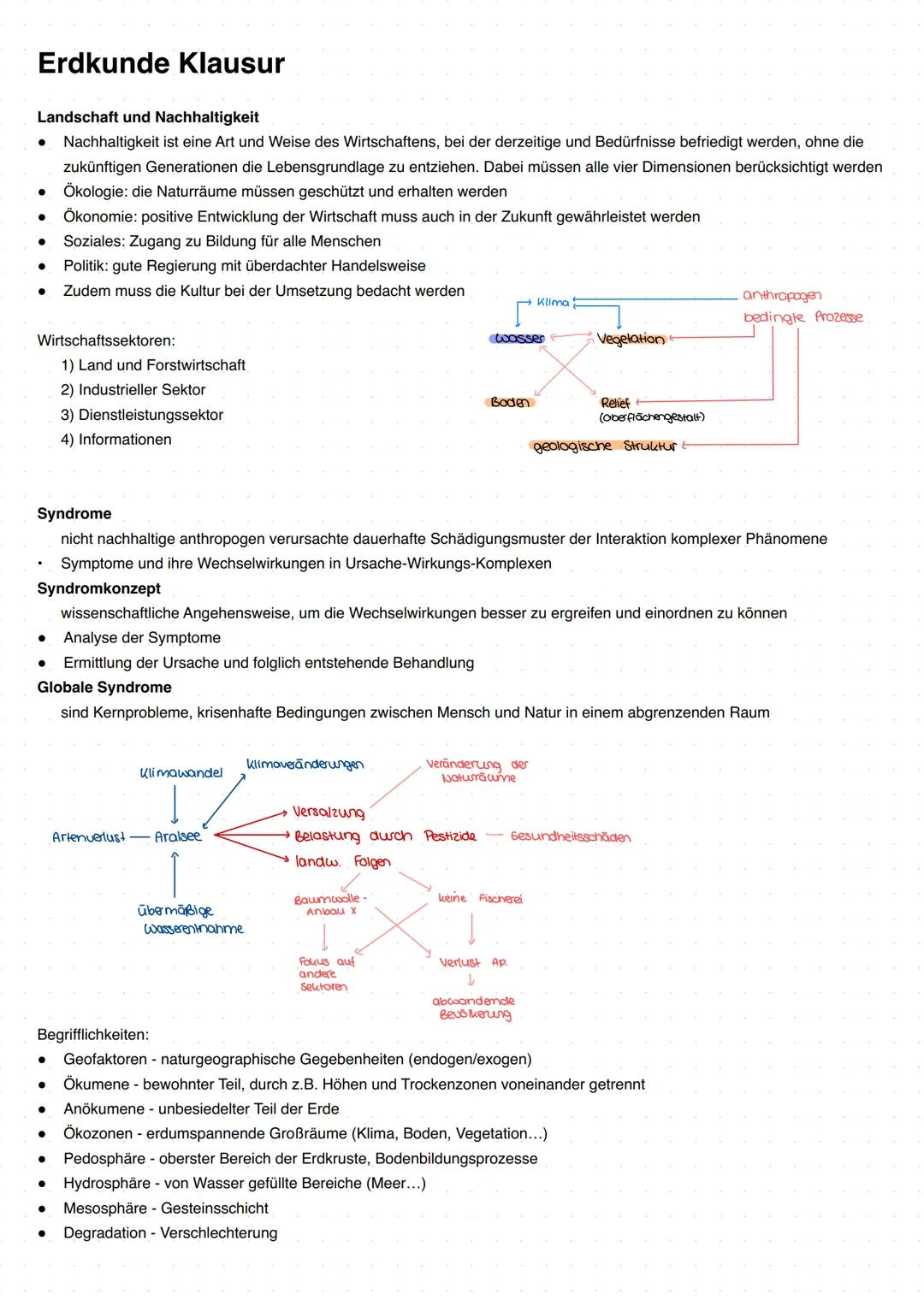 Erdkunde Klausur
Landschaft und Nachhaltigkeit
• Nachhaltigkeit ist eine Art und Weise des Wirtschaftens, bei der derzeitige und Bedürfnisse