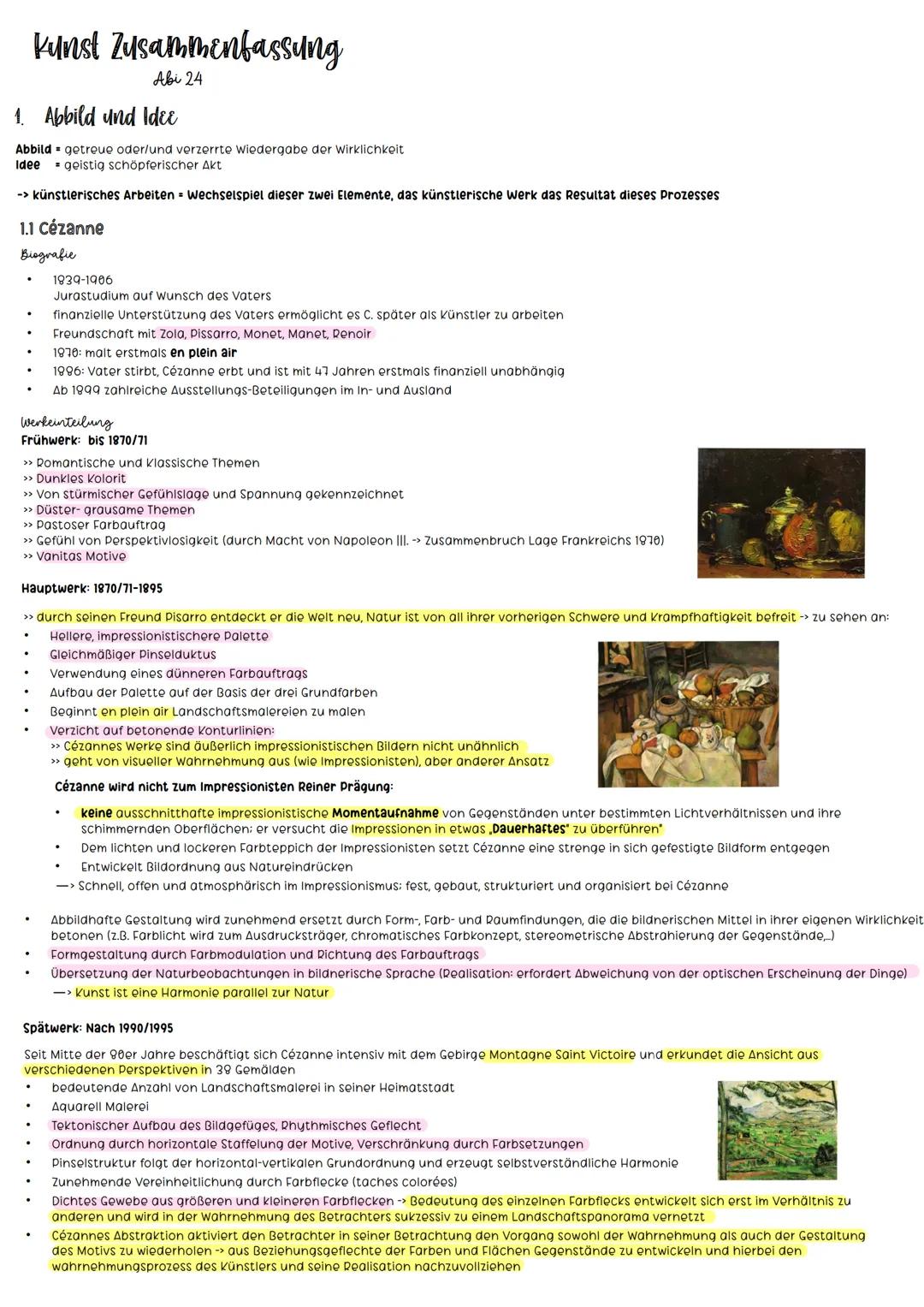 Kunst Zusammenfassung
Abi 24
1. Abbild und Idee
Abbild getreue oder/und verzerrte Wiedergabe der Wirklichkeit
Idee = geistig schöpferischer