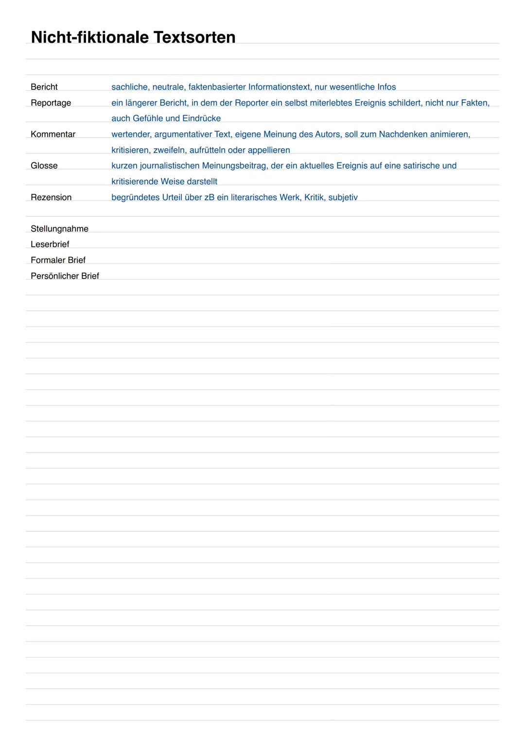 Nicht-fiktionale Textsorten
Bericht
Reportage
Kommentar
Glosse
Rezension
Stellungnahme
Leserbrief
Formaler Brief
Persönlicher Brief
sachlich
