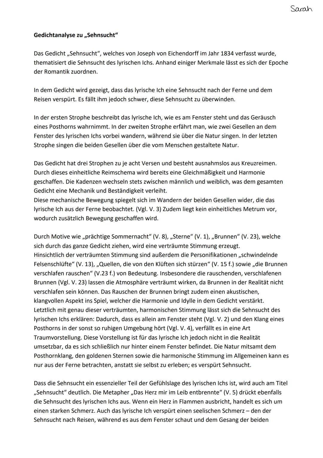 Gedichtanalyse zu,,Sehnsucht"
Das Gedicht,,Sehnsucht", welches von Joseph von Eichendorff im Jahr 1834 verfasst wurde,
thematisiert die Sehn