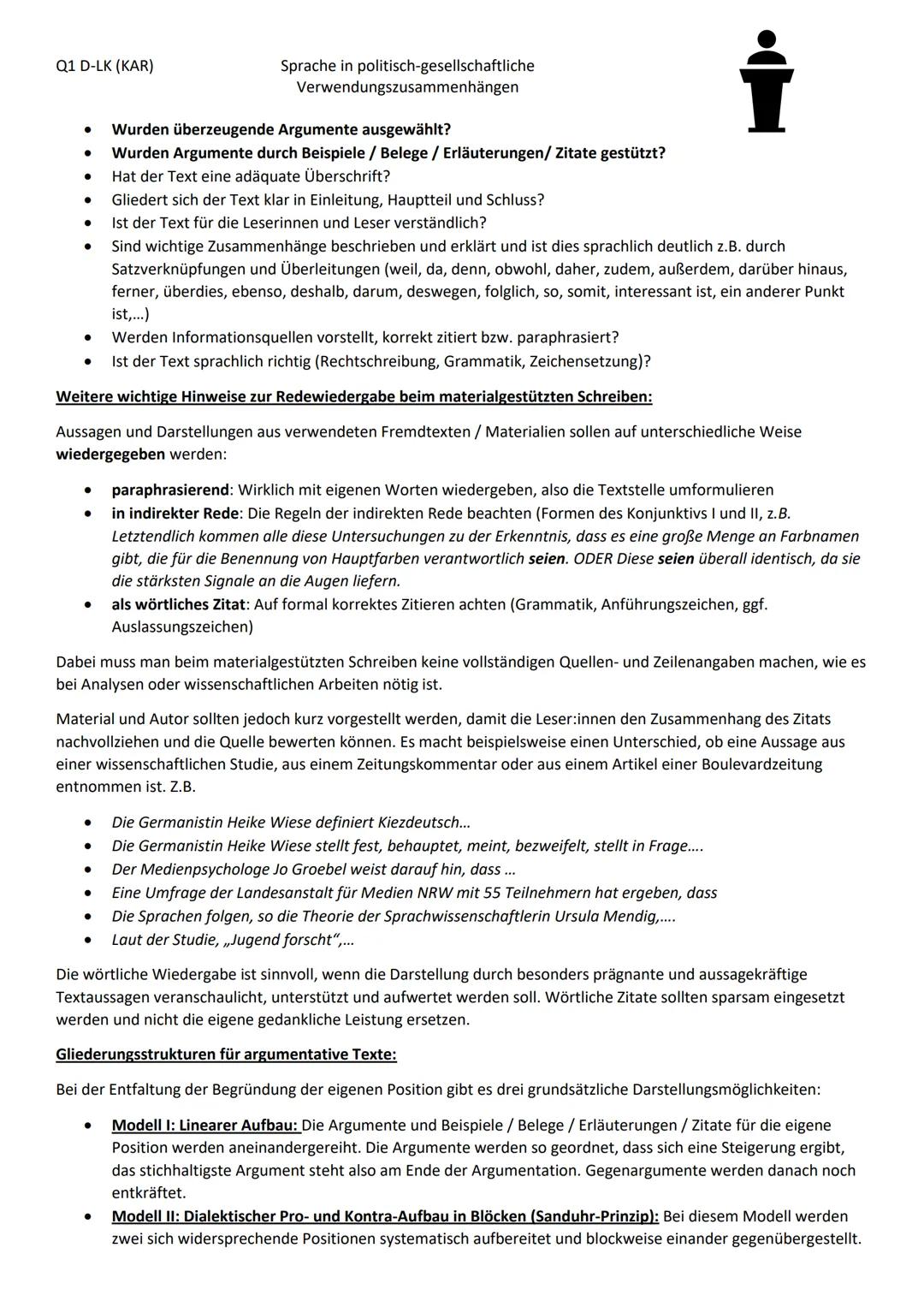 Q1 D-LK (KAR)
Sprache in politisch-gesellschaftliche
Verwendungszusammenhängen
Leitfaden materialgestütztes Schreiben eines argumentierend