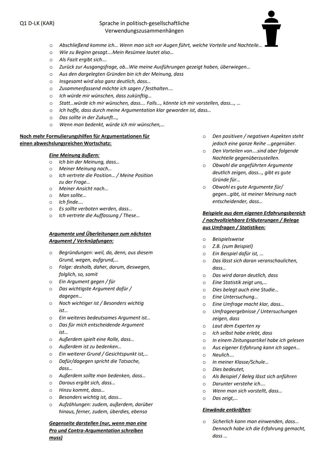 Q1 D-LK (KAR)
Sprache in politisch-gesellschaftliche
Verwendungszusammenhängen
Leitfaden materialgestütztes Schreiben eines argumentierend