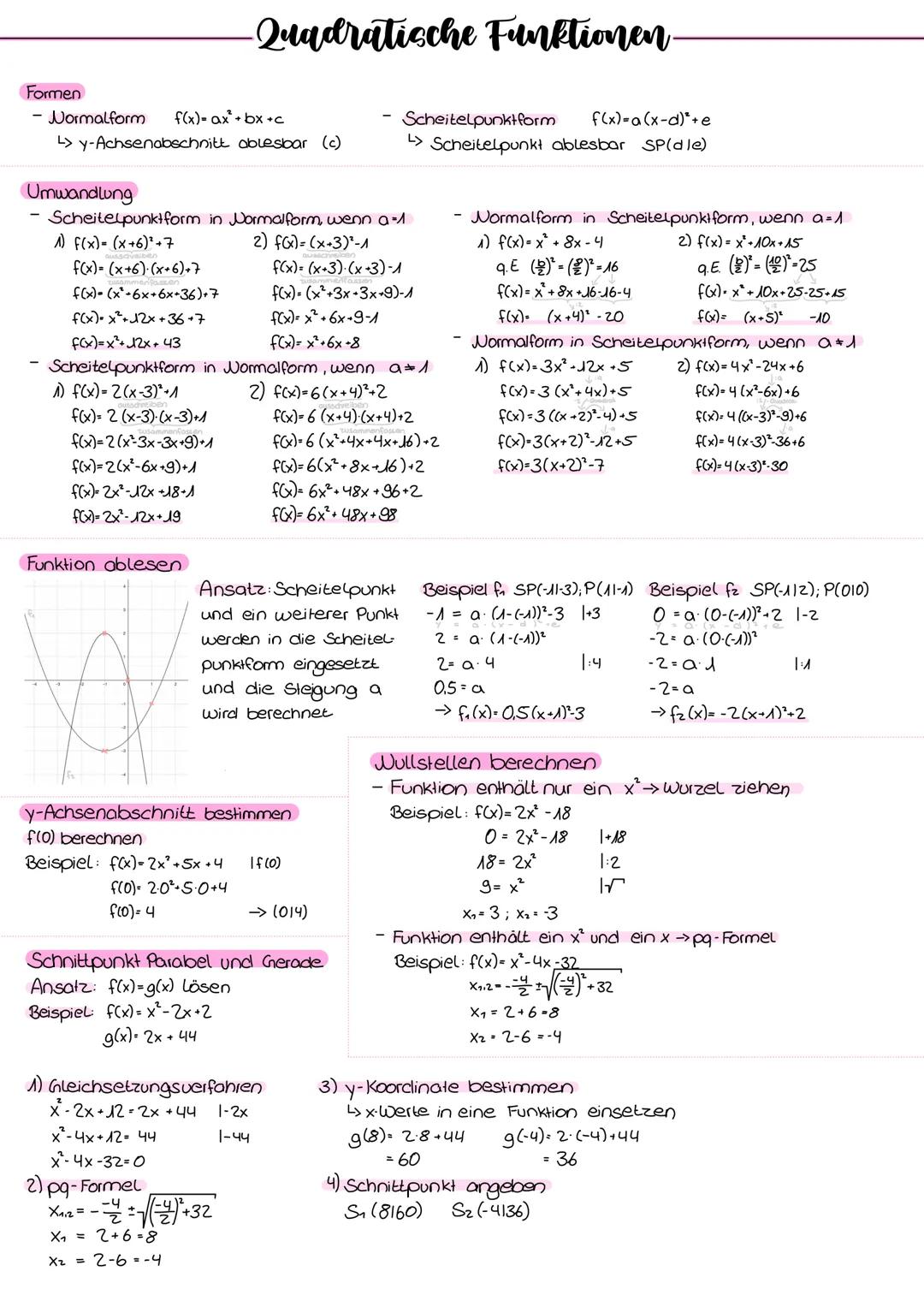 -Quadratische Funktionen.
Formen
- Normalform
f(x)= ax² + bx+c
Ly-Achsenabschnitt ablesbar (c)
Umwandlung
Scheitelpunkt form in Normalform,