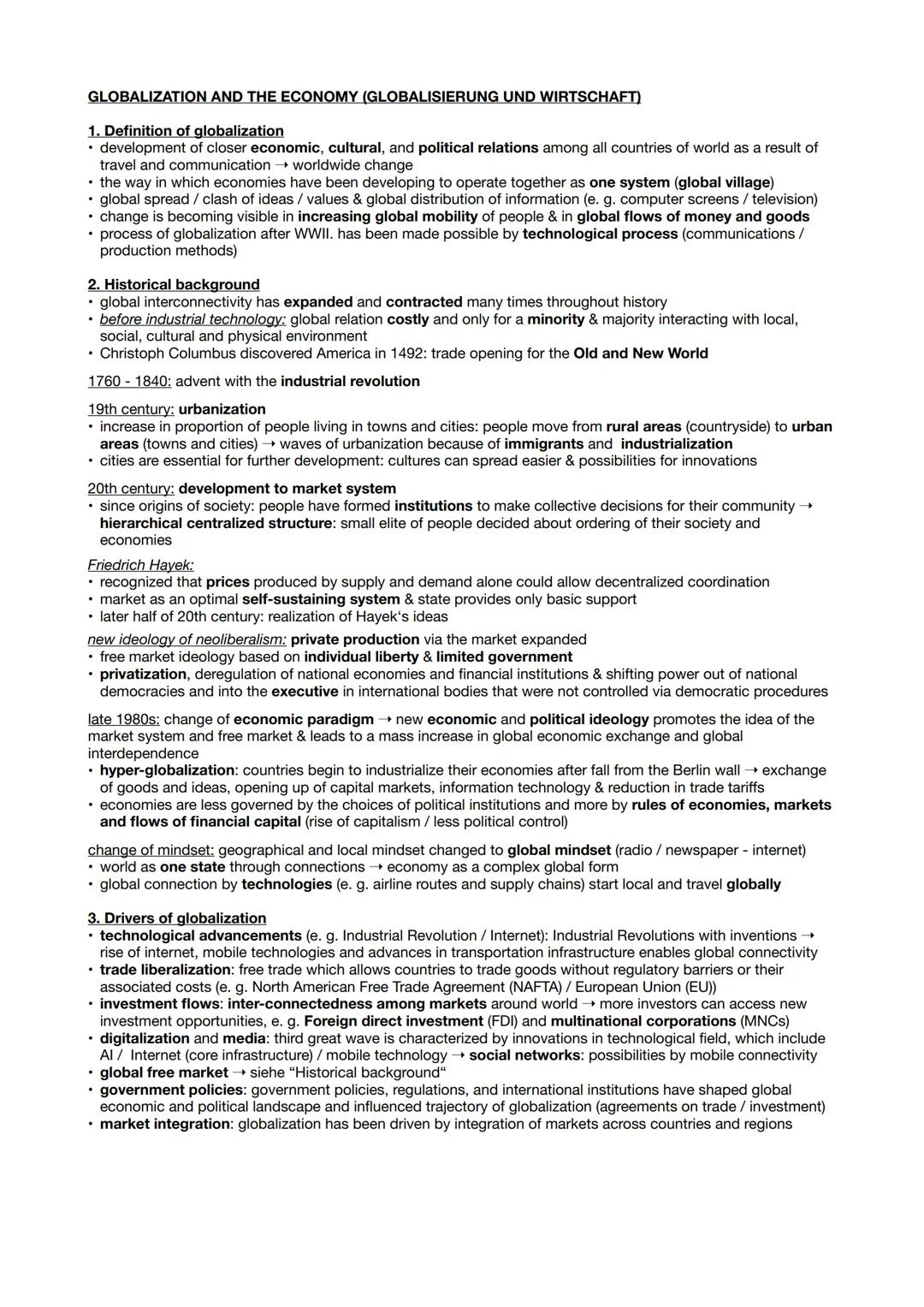 # GLOBALIZATION AND THE ECONOMY (GLOBALISIERUNG UND WIRTSCHAFT)
1. Definition of globalization
* development of closer economic, cultura