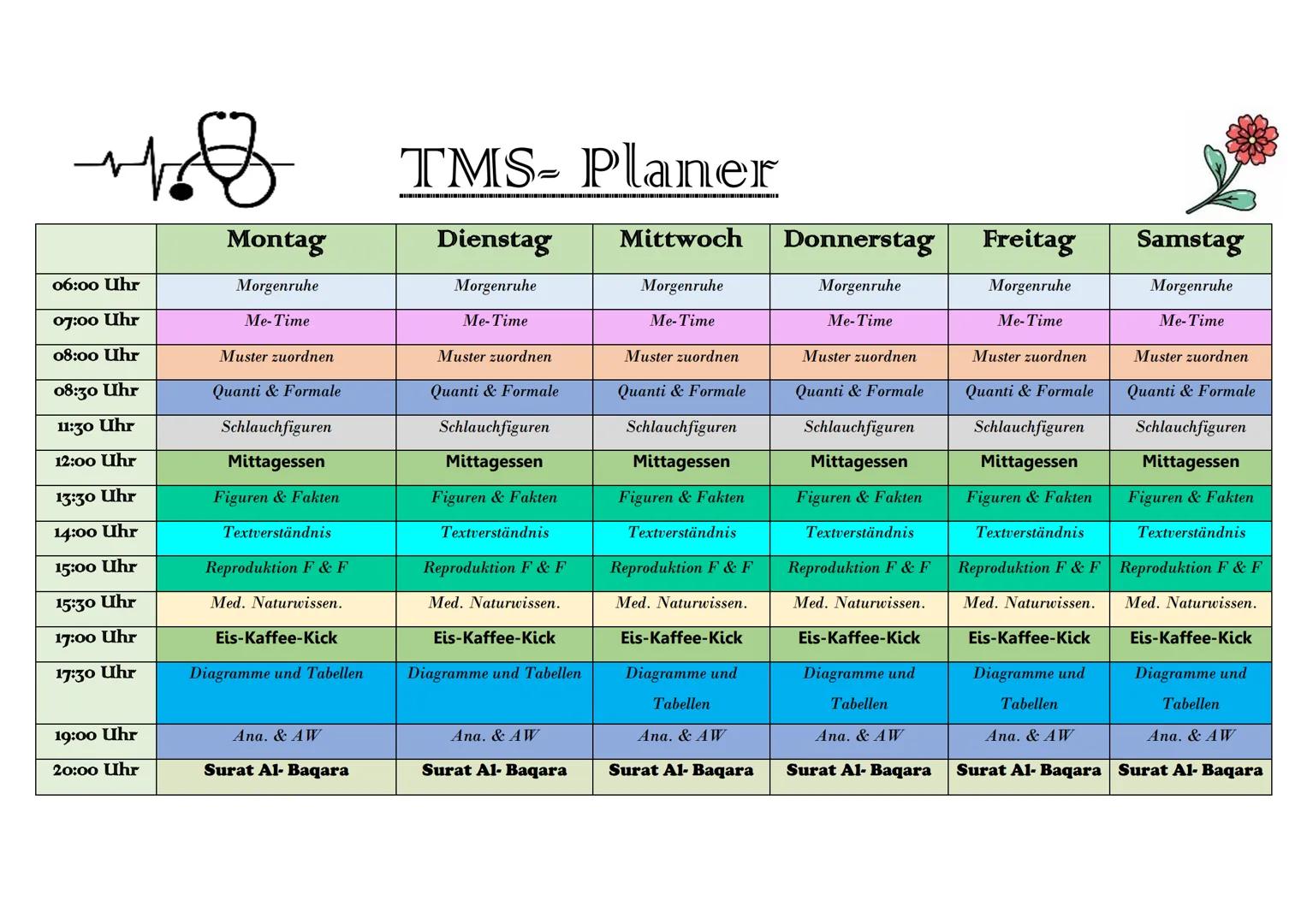 TMS- Planer
Montag Dienstag Mittwoch Donnerstag Freitag Samstag
06:00 Uhr Morgenruhe Morgenruhe Morgenruhe Morgenruhe Morgenruhe Morgenruh