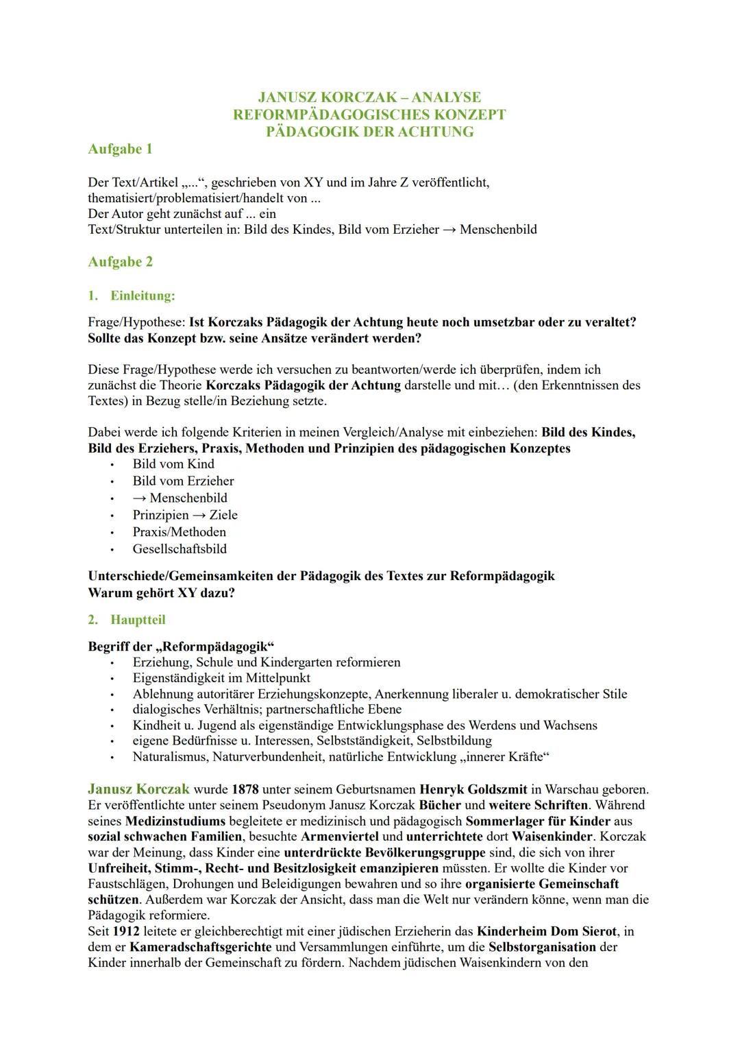 # Aufgabe 1
JANUSZ KORCZAK-ANALYSE
REFORMPÄDAGOGISCHES KONZEPT
PÄDAGOGIK DER ACHTUNG
Der Text/Artikel,,... Nationalsozialisten erst ins Wa