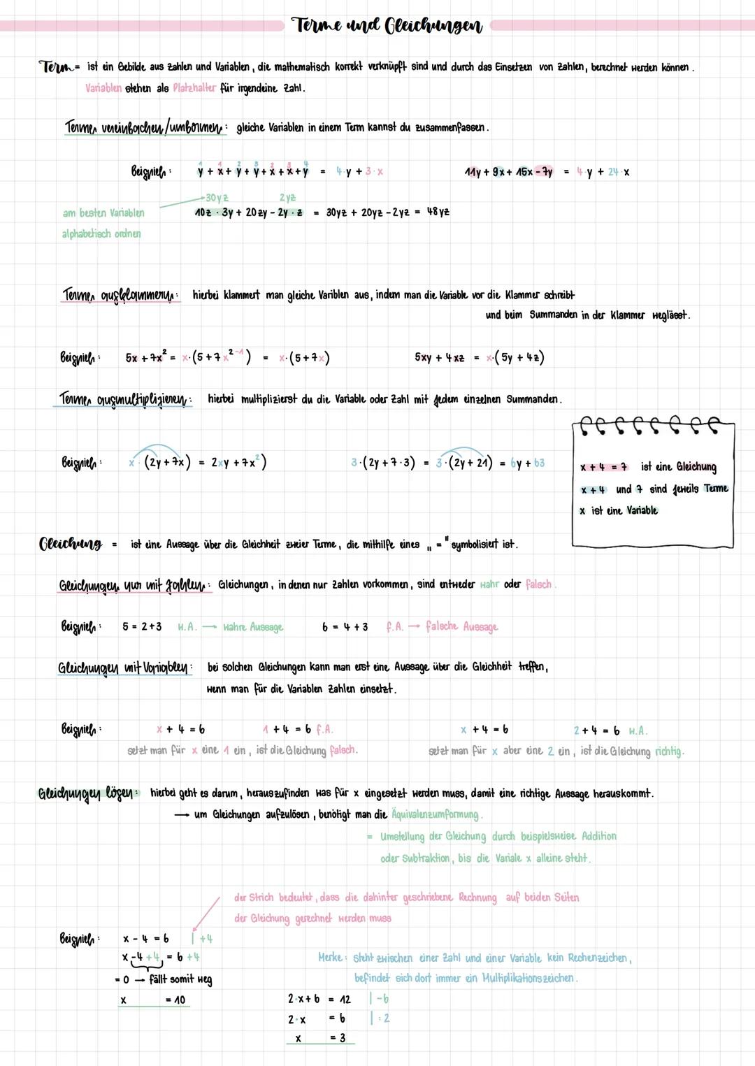 Terme und Gleichungen
Termist ein Gebilde aus zahlen und Variablen, die mathematisch korrekt verknüpft sind und durch das Einsetzen von Zahl