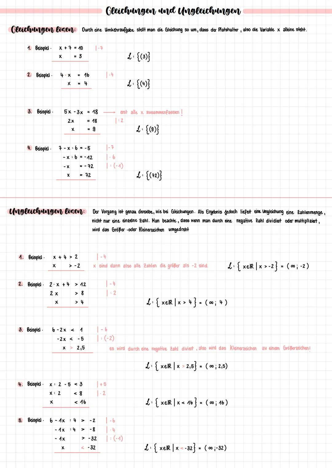 Gleichungen und Ungleichungen
Gleichungen lösen: Durch eine Umkehraufgabe stellt man die Gleichung so um, dass der Platzhalter, also die Var