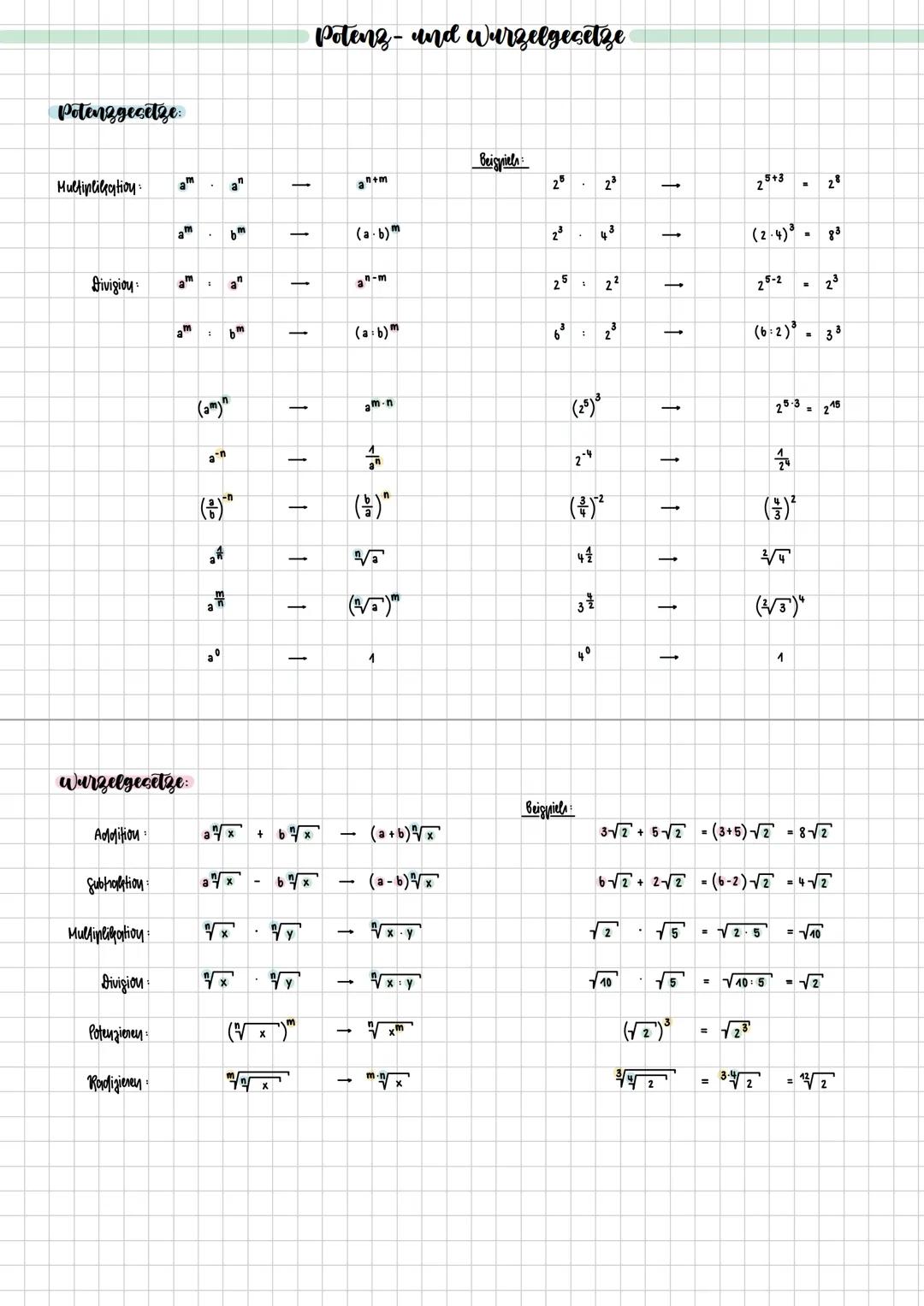 Potenzgesetze
Multiplikation
Division
am
E
E
am
am
am
a
D=
.
bm
:
a
bm
Potenz- und wurzelgesetze
+
an+m
Beispiels
2°
23
(a-b)m
23
43
_
-
n-m