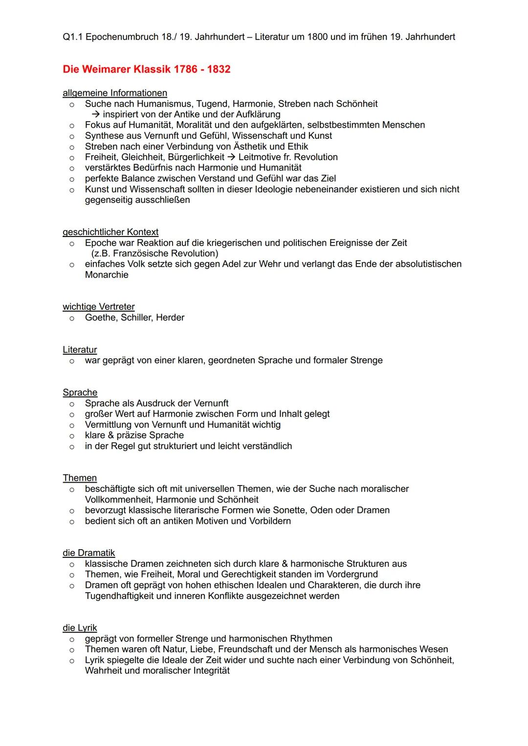 Q1.1 Epochenumbruch 18./19. Jahrhundert - Literatur um 1800 und im frühen 19. Jahrhundert
Die Weimarer Klassik 1786 - 1832
allgemeine Inform
