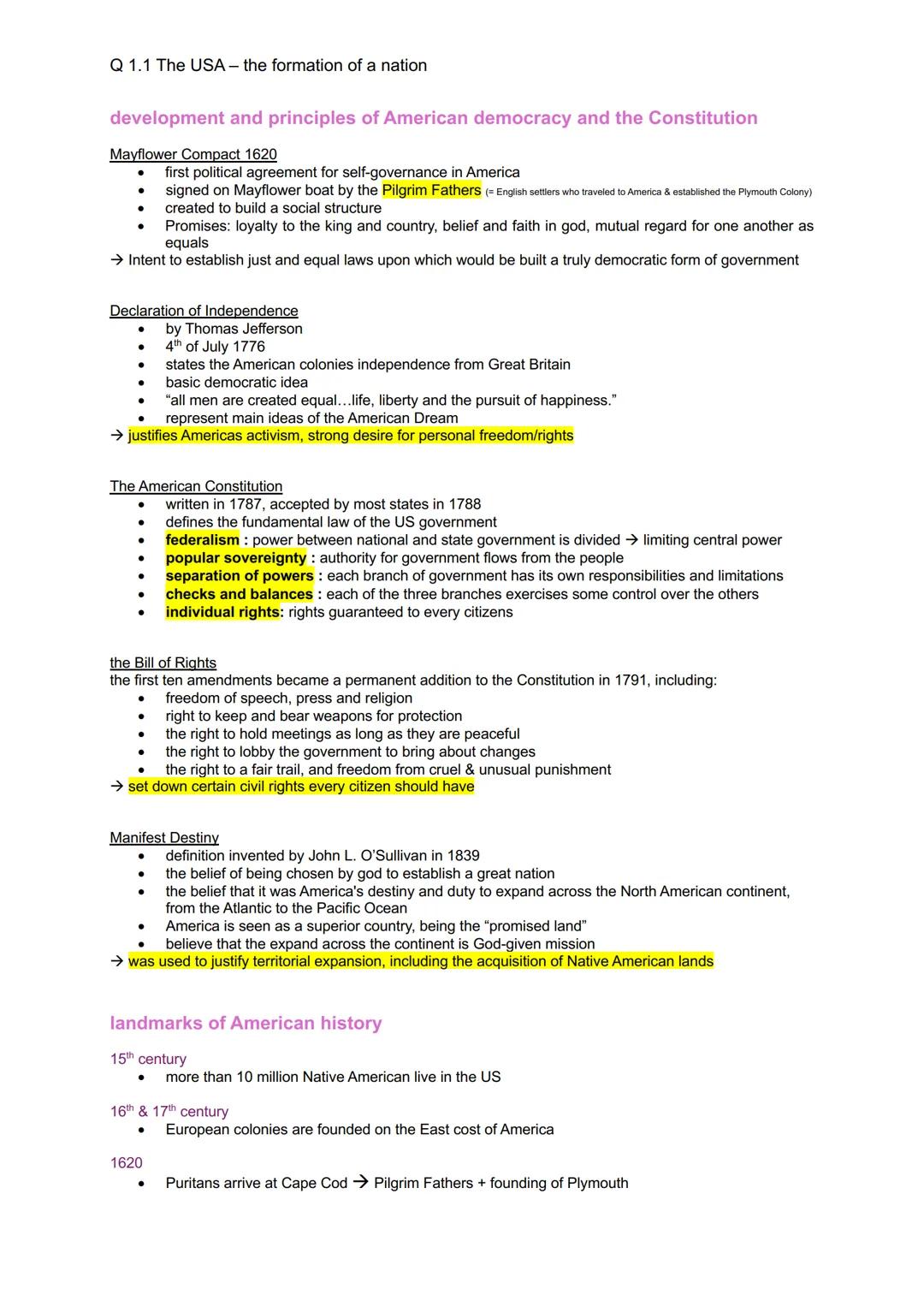 Q 1.1 The USA - the formation of a nation
development and principles of American democracy and the Constitution
Mayflower Compact 1620
•
•
.