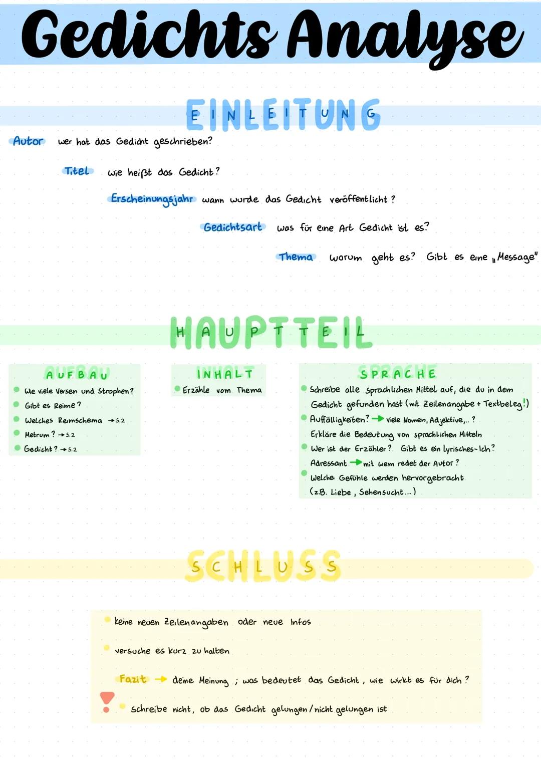 Gedichts Analyse
Autor
EINLEITUNG
wer hat das Gedicht geschrieben?
Titel
wie heißt das Gedicht?
Erscheinungsjahr wann wurde das Gedicht verö