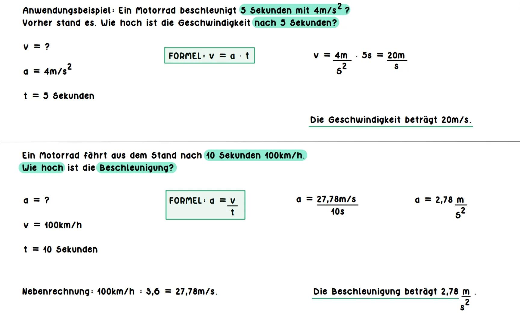 # Beschleunigung
Beschleunigung = a
-> gleichmäßig beschleunigte Bewegung
- Wenn man eine bestimmte Geschwindigkeit erreichen will, dann m