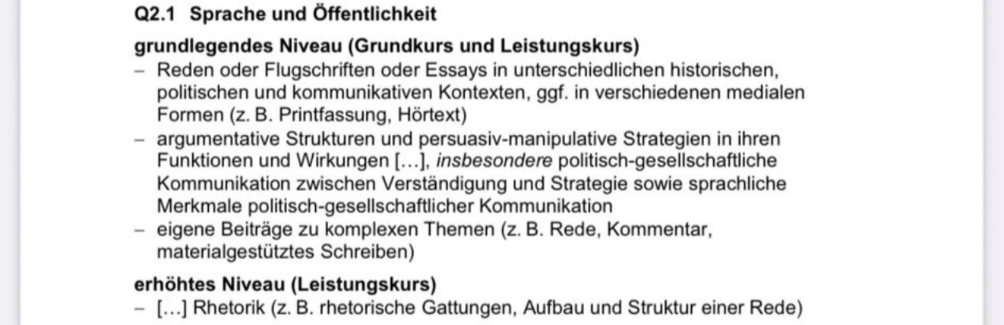 Q2.1 Sprache und Öffentlichkeit
grundlegendes Niveau (Grundkurs und Leistungskurs)
- Reden oder Flugschriften oder Essays in unterschiedlic