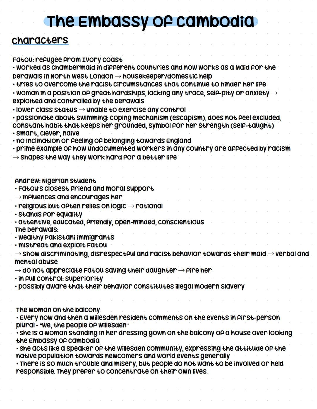 The Embassy of cambodia # The Embassy of cambodia
1. general
- setting: North London, district of Willesden
- Fatou: young immigrant from