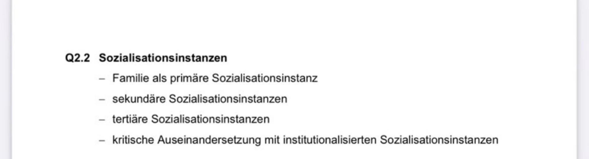Q2.2 Sozialisationsinstanzen
- Familie als primäre Sozialisationsinstanz
- sekundäre Sozialisationsinstanzen
- tertiäre Sozialisationsinsta