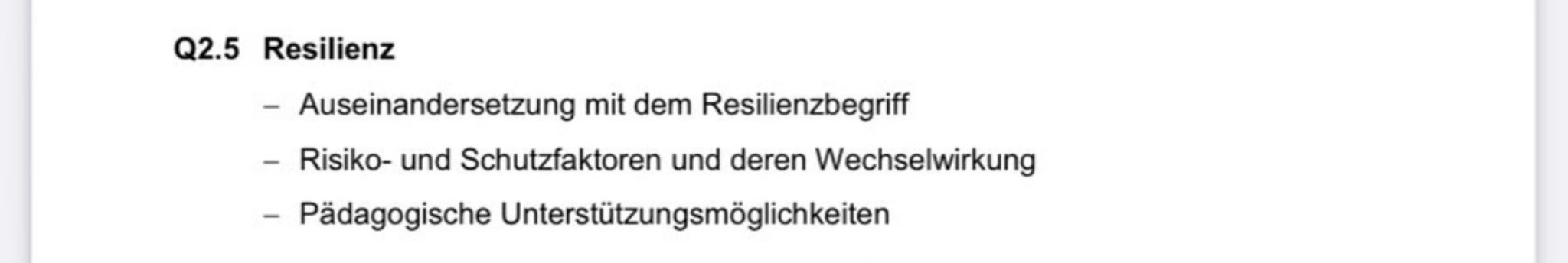## Q2.5 Resilienz
- Auseinandersetzung mit dem Resilienzbegriff
- Risiko- und Schutzfaktoren und deren Wechselwirkung
- Pädagogische Unte
