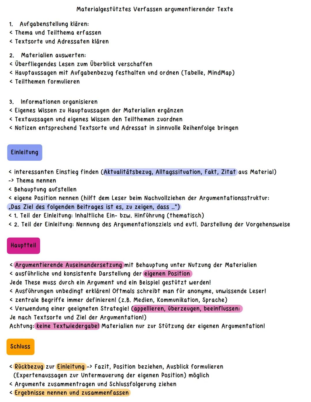 Materialgestütztes Verfassen argumentierender Texte
1. Aufgabenstellung klären:
< Thema und Teilthema erfassen
< Textsorte und Adressaten k