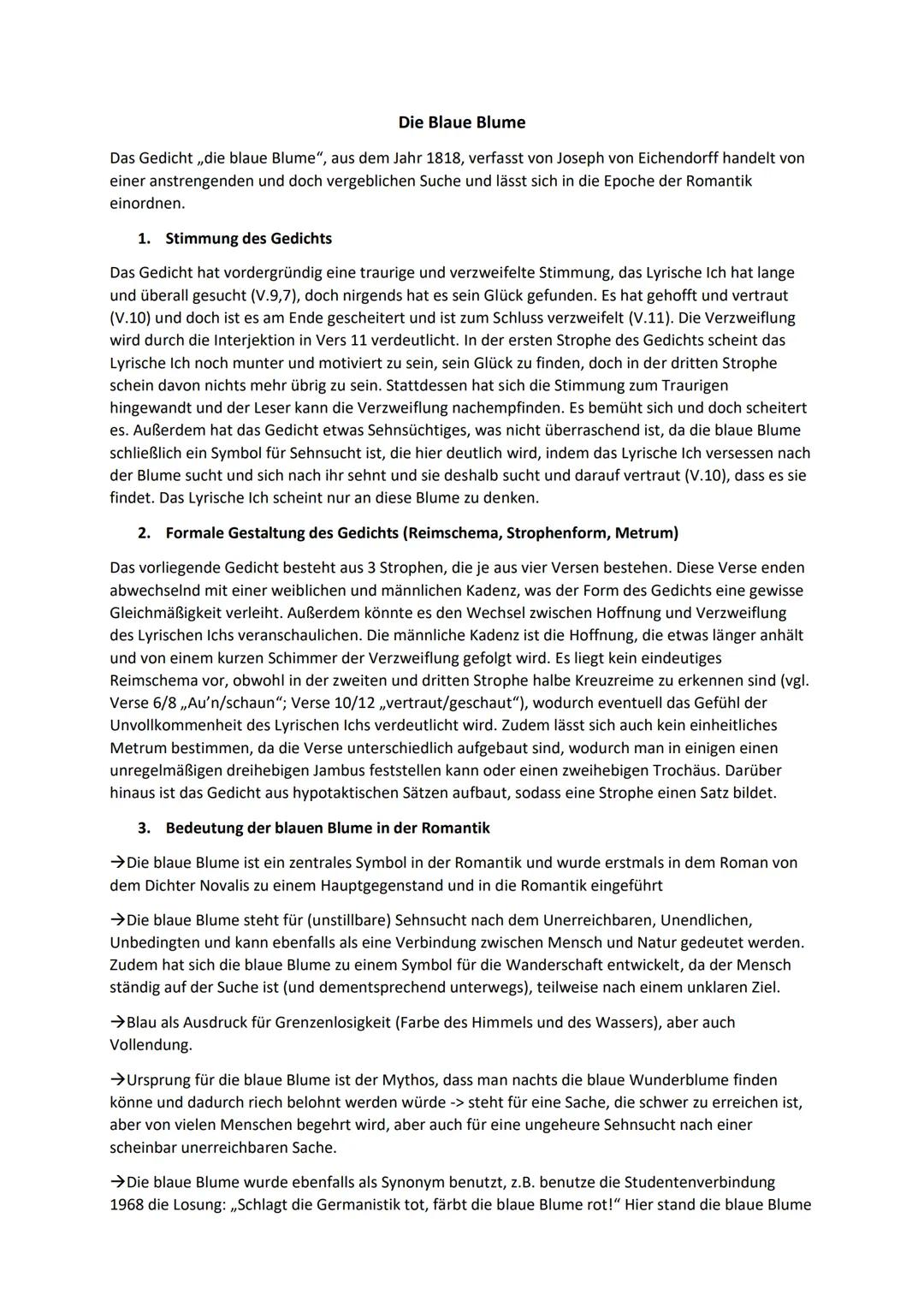 Die Blaue Blume
Das Gedicht,,die blaue Blume", aus dem Jahr 1818, verfasst von Joseph von Eichendorff handelt von
einer anstrengenden und do