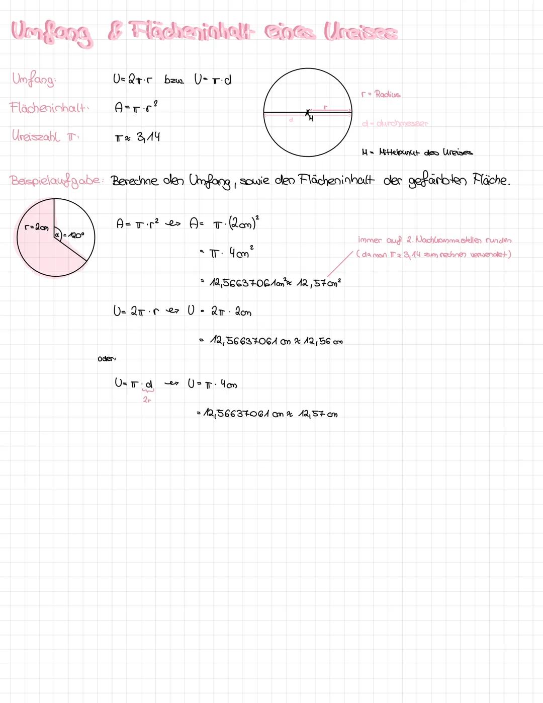 # Umfang & Flächeninhalt eines Kreises
Umfang: $U = 2 \cdot \pi \cdot r$ bzw. $U = \pi \cdot d$
Flächeninhalt: $A = \pi \cdot r^2$
Kreisz