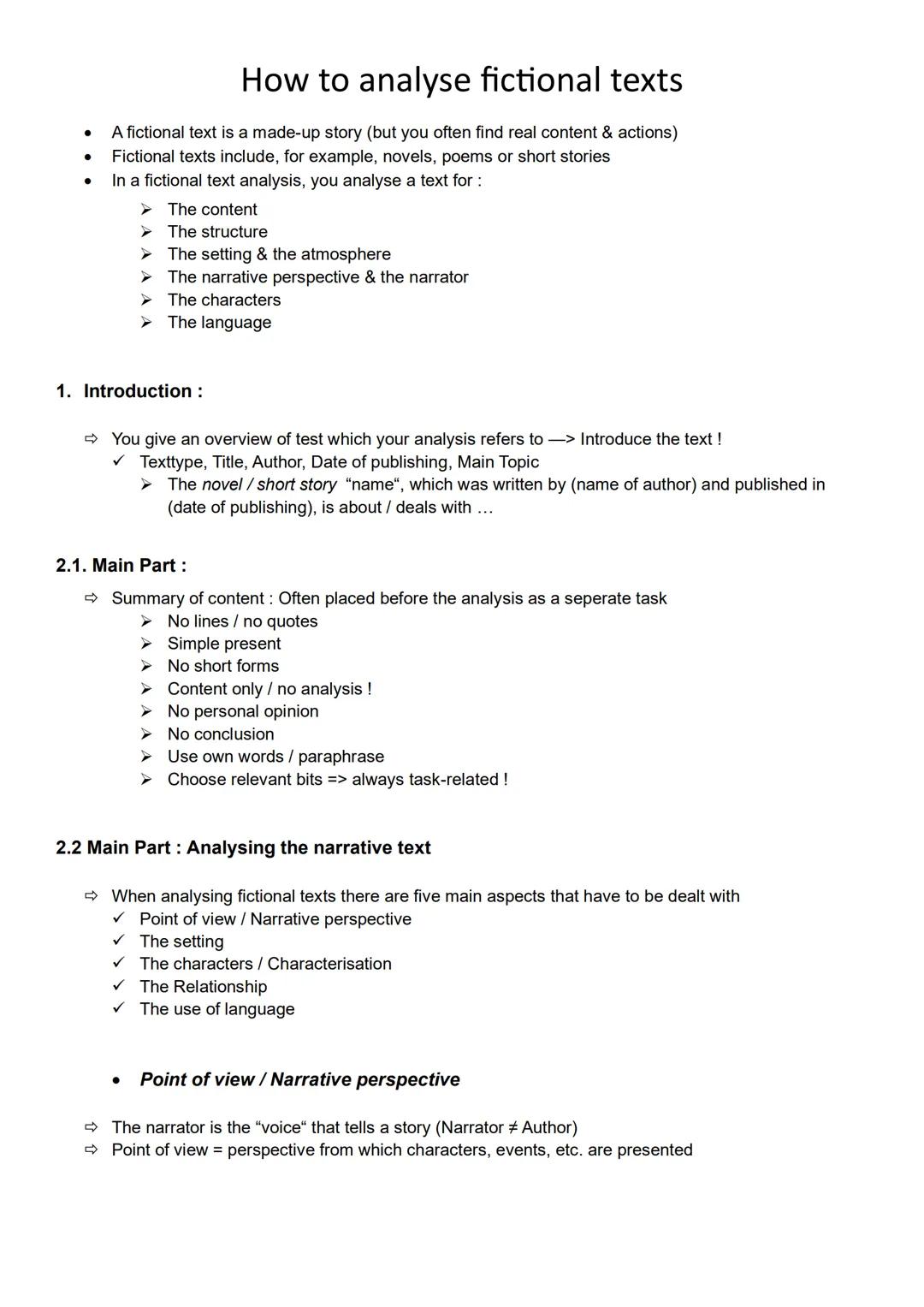 •
•
How to analyse fictional texts
A fictional text is a made-up story (but you often find real content & actions)
Fictional texts include,