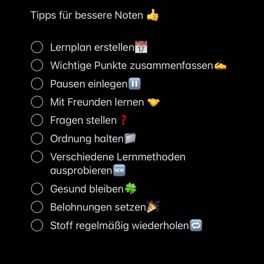 Tipps für bessere Noten
Lernplan erstellen 17
Wichtige Punkte zusammenfassen
Pausen einlegen II
Mit Freunden lernen
Fragen stellen ?
Ordnung