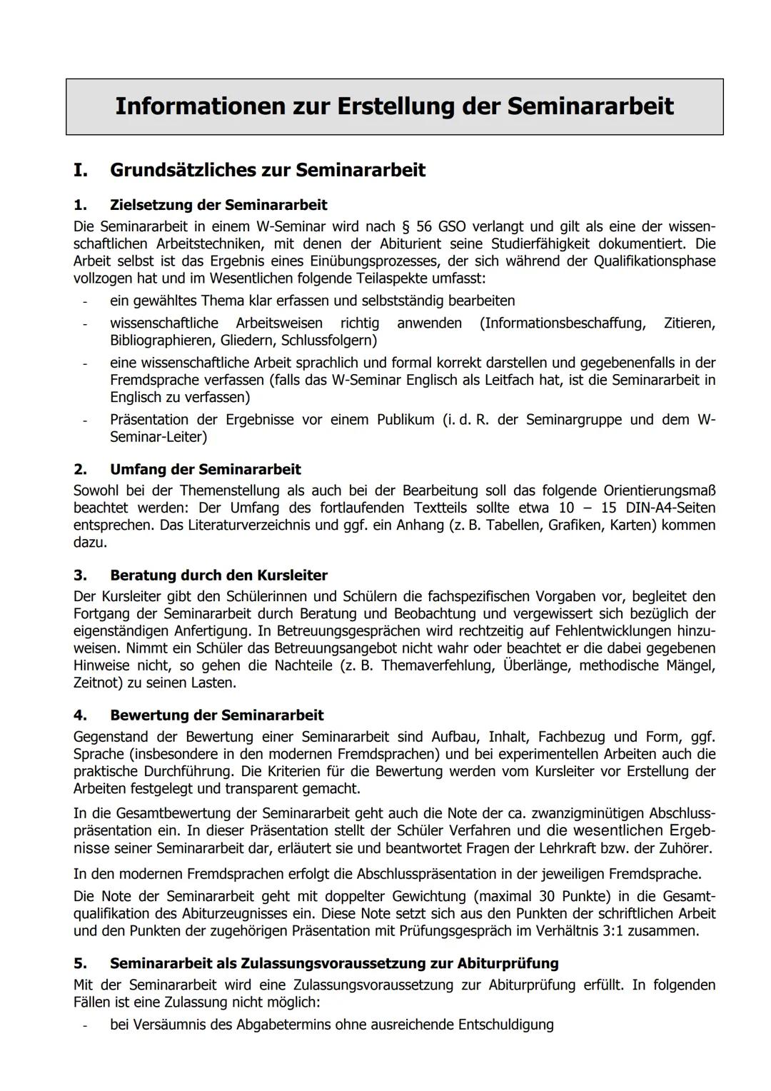 # Informationen zur Erstellung der Seminararbeit
I. Grundsätzliches zur Seminararbeit
1. Zielsetzung der Seminararbeit
Die Seminararbe