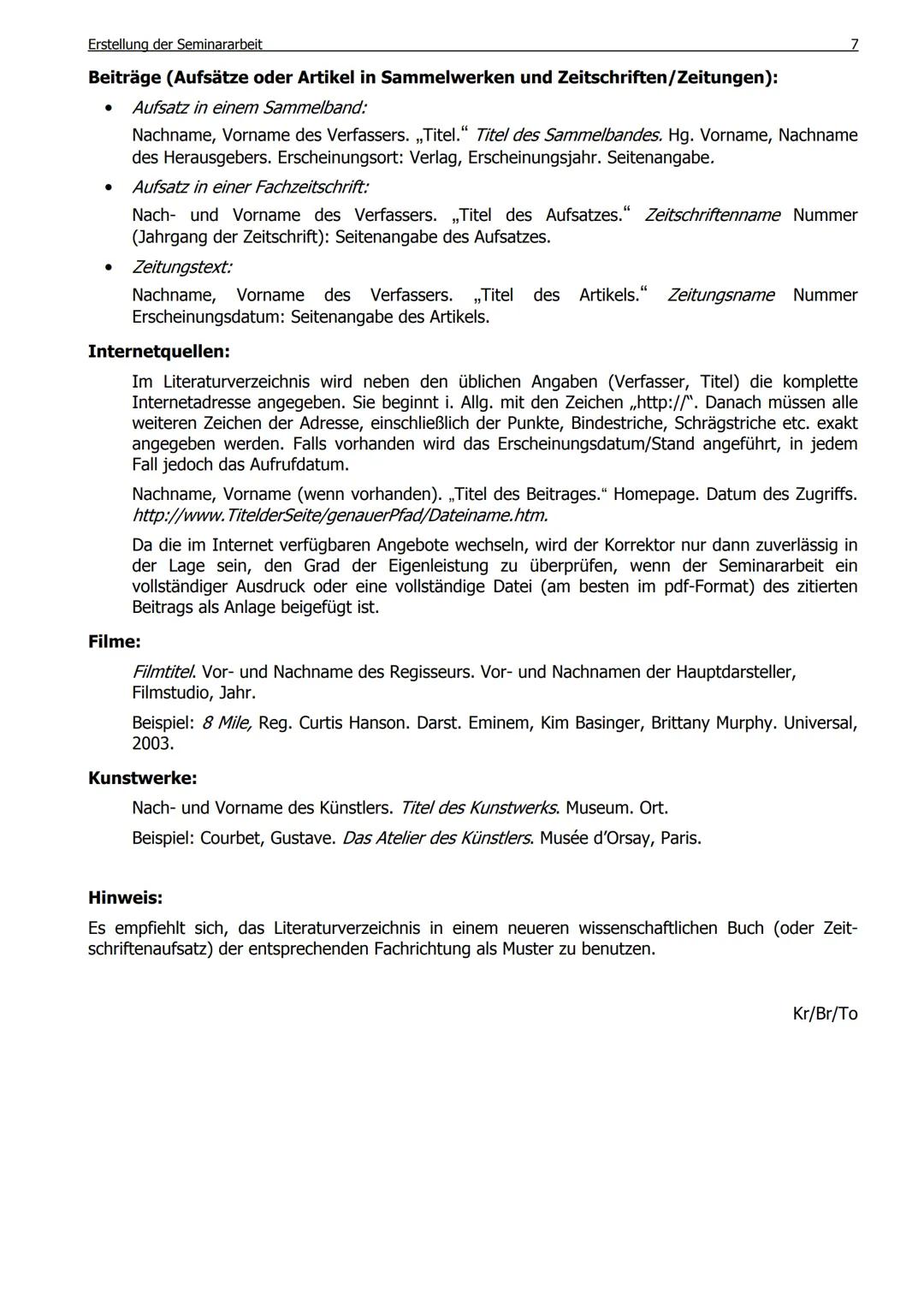 # Informationen zur Erstellung der Seminararbeit
I. Grundsätzliches zur Seminararbeit
1. Zielsetzung der Seminararbeit
Die Seminararbe